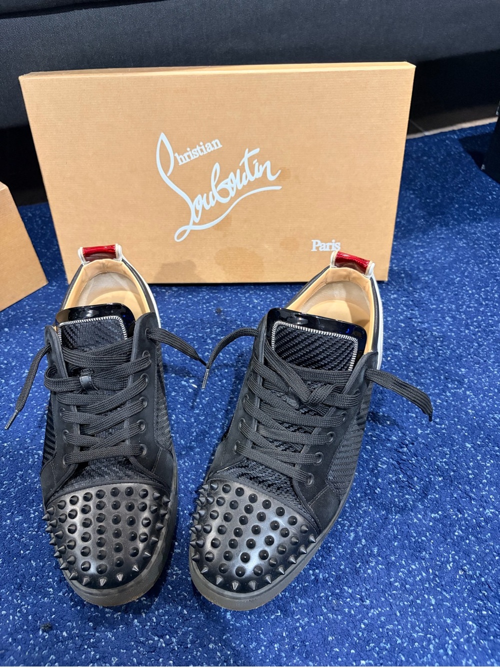 Christian Louboutin Black Studded Low-Top Sneakers with Red Heel Pull